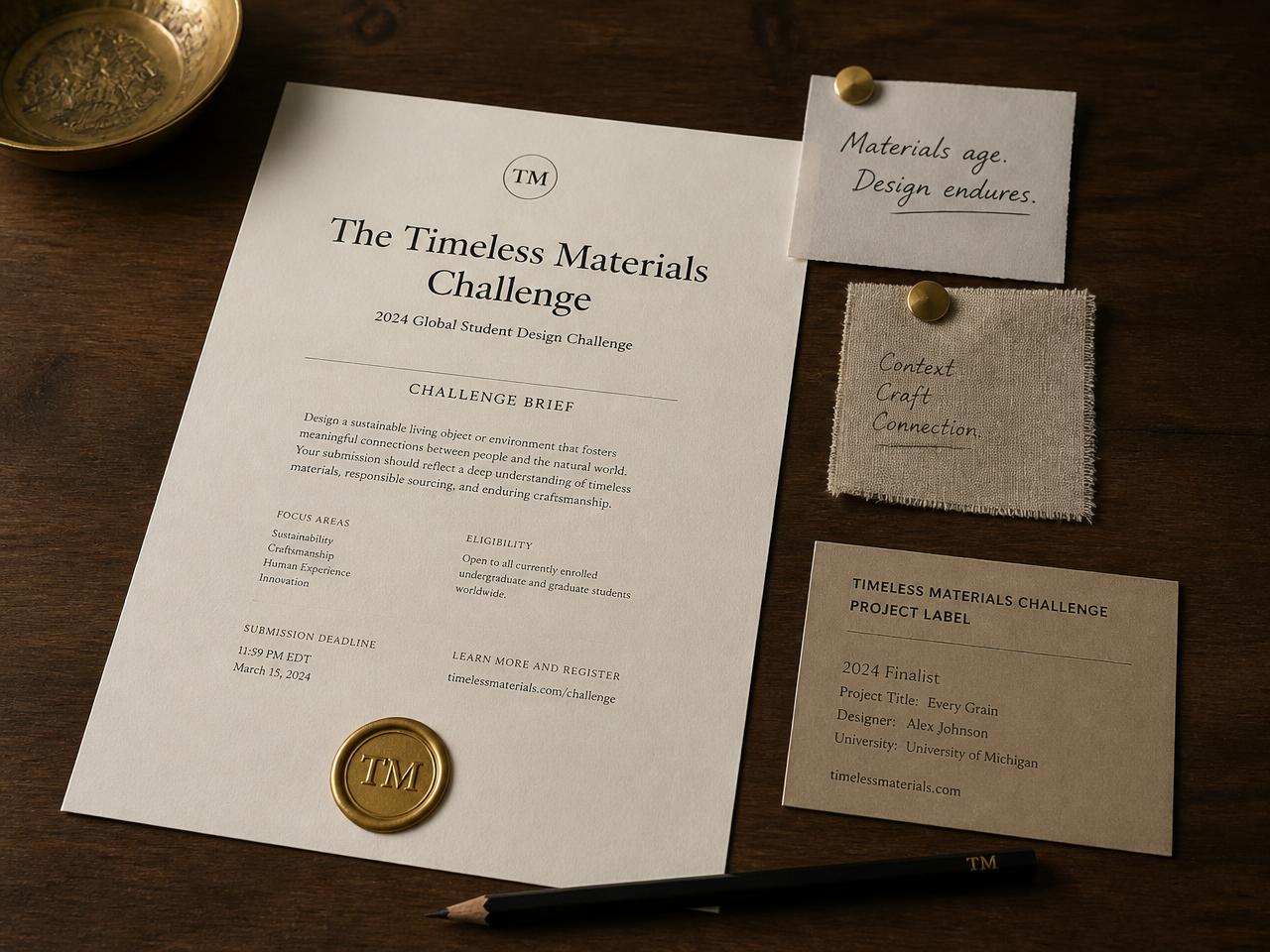 A printed challenge brief with a gold seal, pinned notes and a project label
