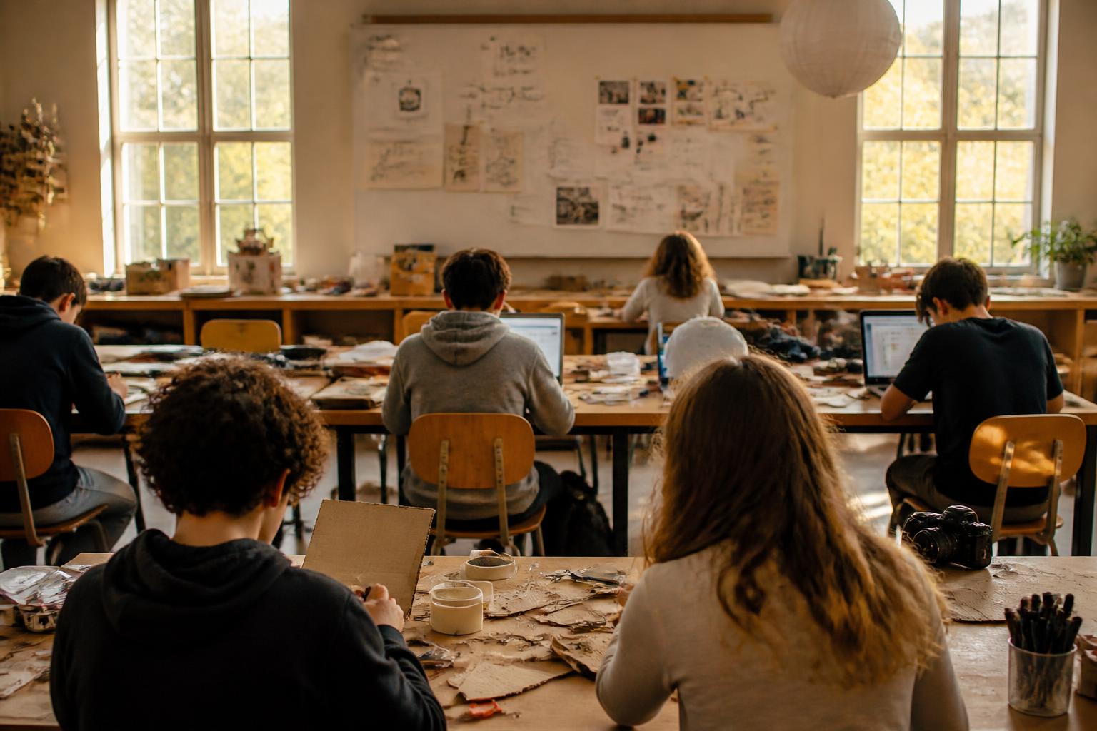 Students making projects with cardboard, paint and laptops in a sunlit classroom