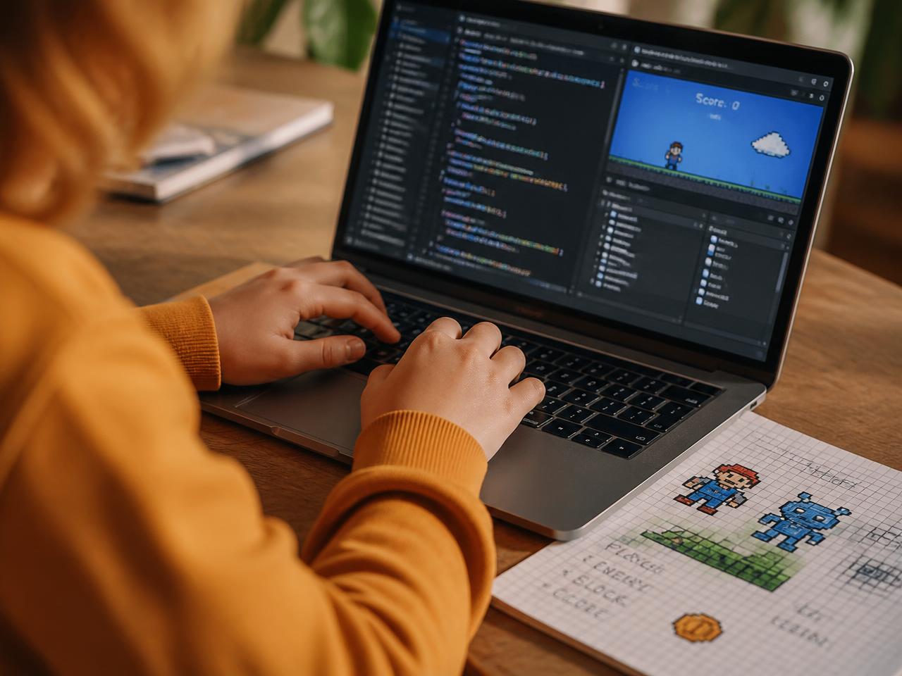 A young person coding a simple platform game beside pixel sketches on graph paper