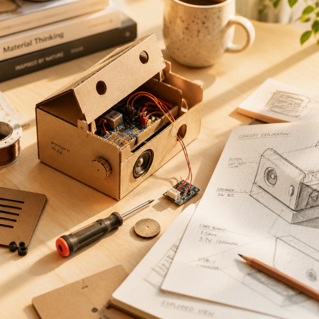 A cardboard and electronics prototype beside annotated design sketches