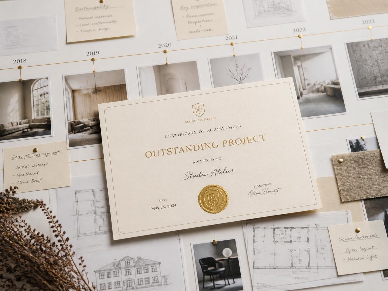 An achievement certificate with a gold seal laid over a timeline of project photographs and notes