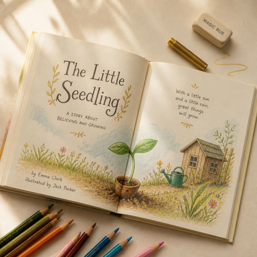 An illustrated storybook spread with hand lettering and coloured pencils