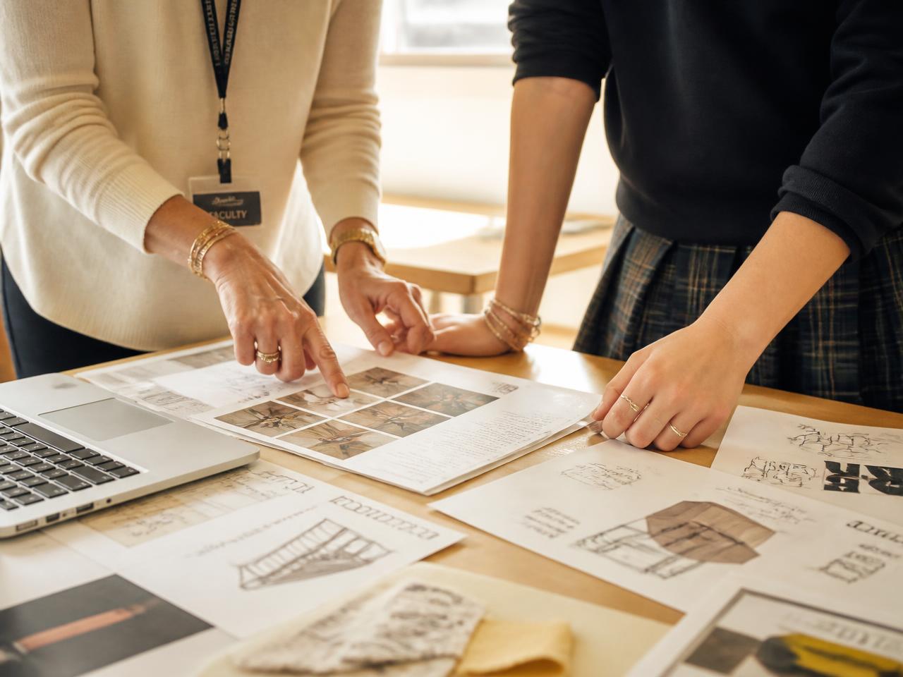 A teacher and a student looking together at printed project evidence and sketches